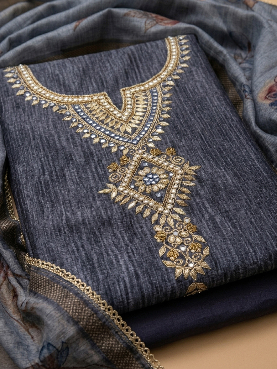 Navy Blue Embroidery Chanderi Unstitched Dress Material