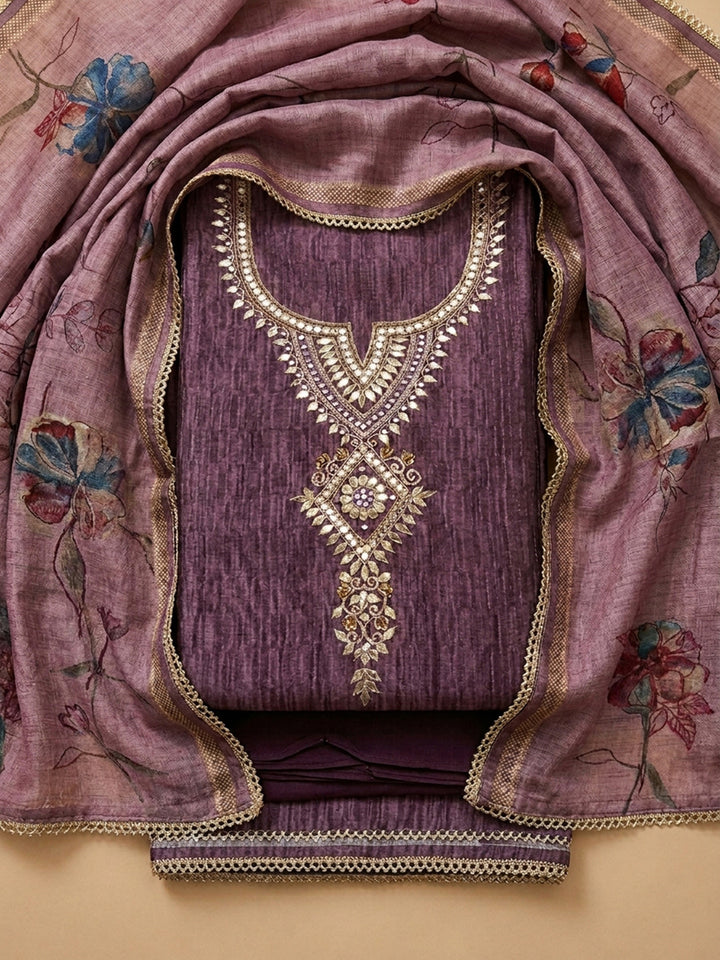 Wine Embroidery Chanderi Unstitched Dress Material