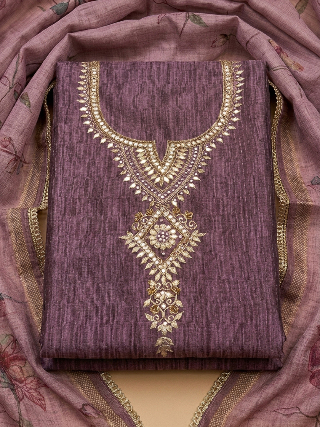 Wine Embroidery Chanderi Unstitched Dress Material
