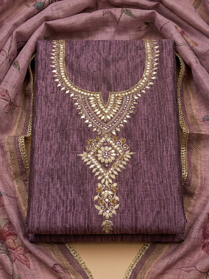 Wine Embroidery Chanderi Unstitched Dress Material