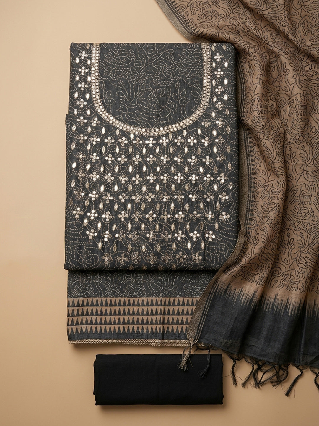 Black Embroidery Chanderi Unstitched Dress Material