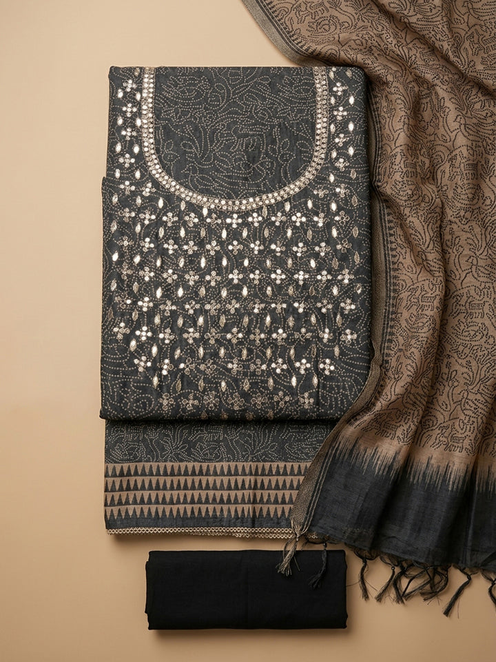 Black Embroidery Chanderi Unstitched Dress Material