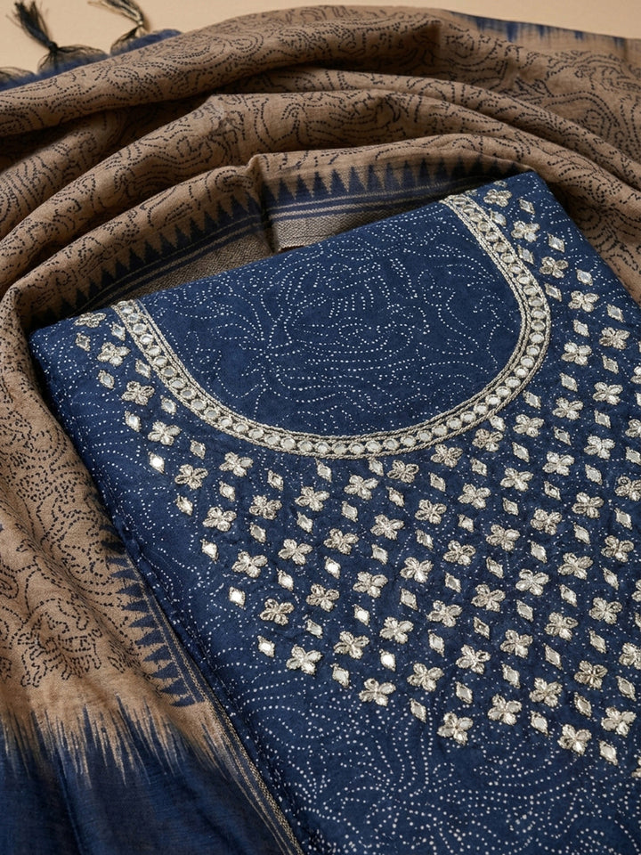 Blue Embroidery Chanderi Unstitched Dress Material
