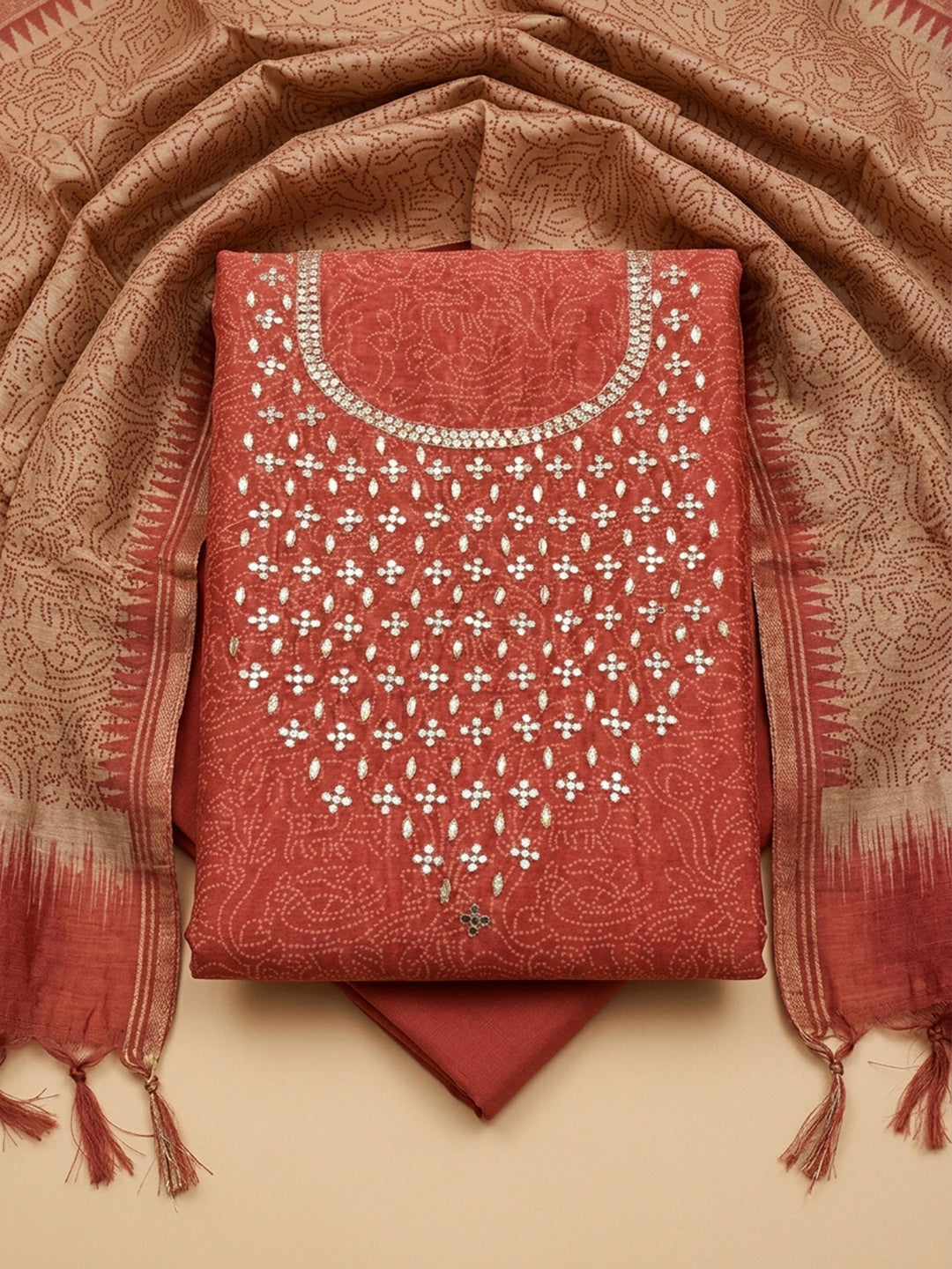 Red Embroidery Chanderi Unstitched Dress Material