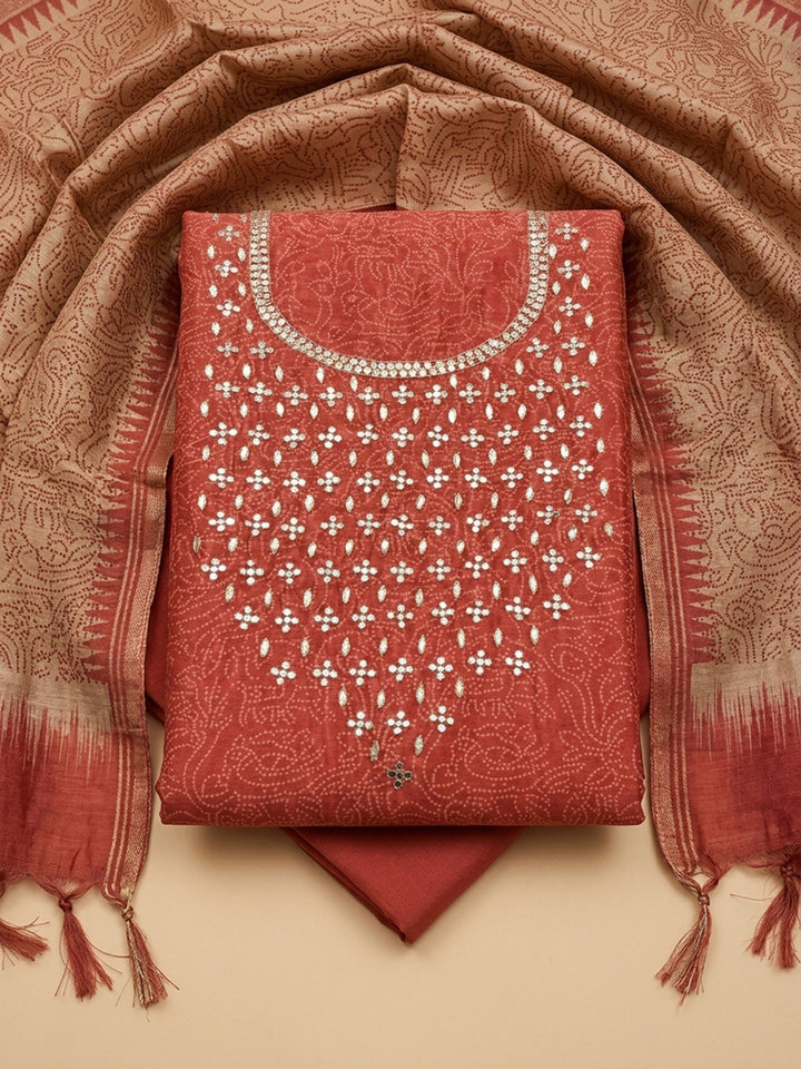 Red Embroidery Chanderi Unstitched Dress Material