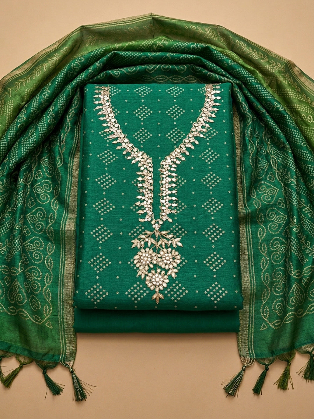 Green Embroidery Chanderi Unstitched Dress Material