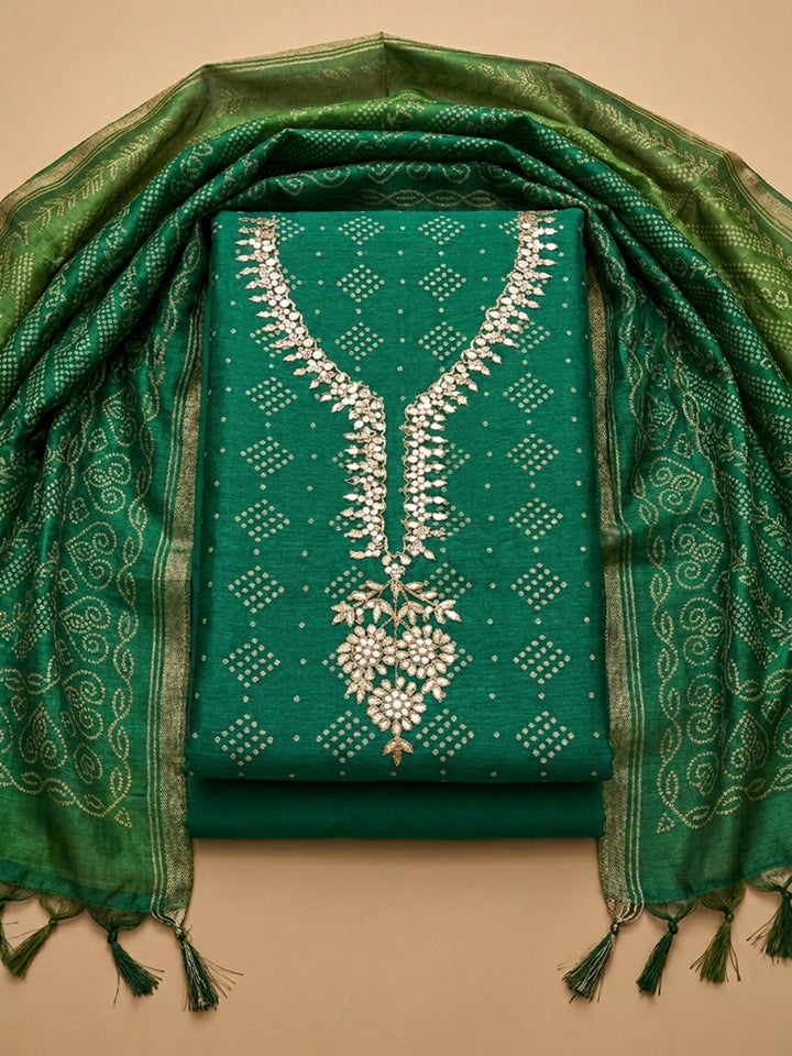 Green Embroidery Chanderi Unstitched Dress Material