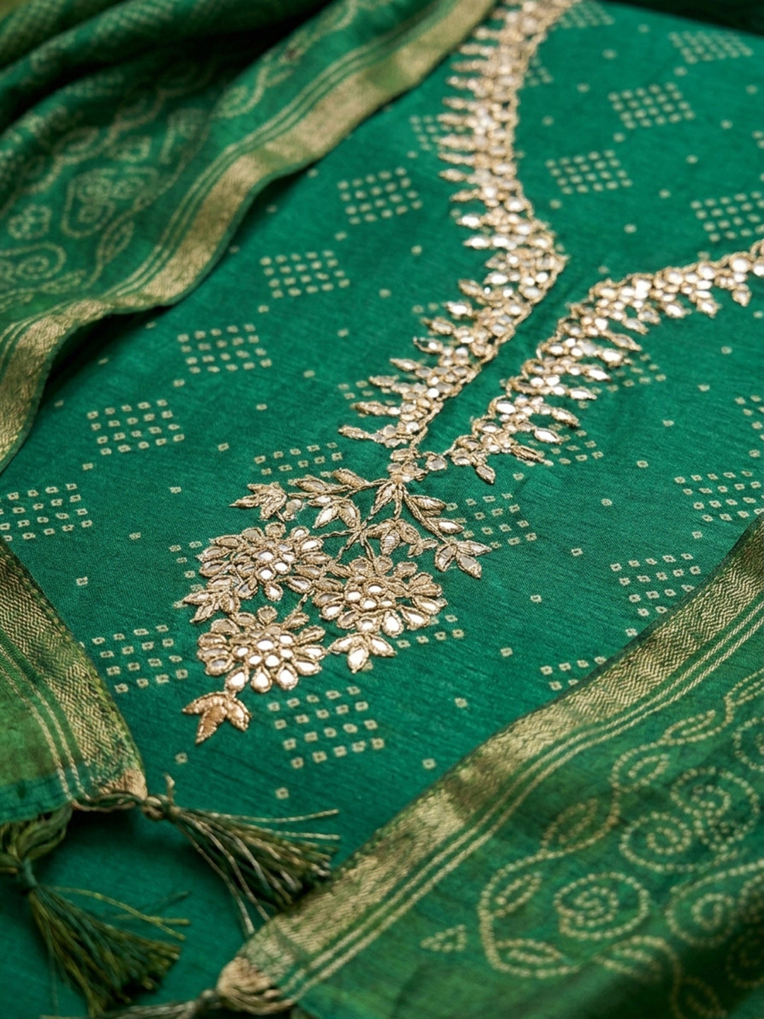 Green Embroidery Chanderi Unstitched Dress Material