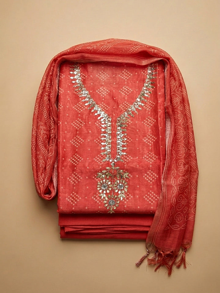 Red Embroidery Chanderi Unstitched Dress Material