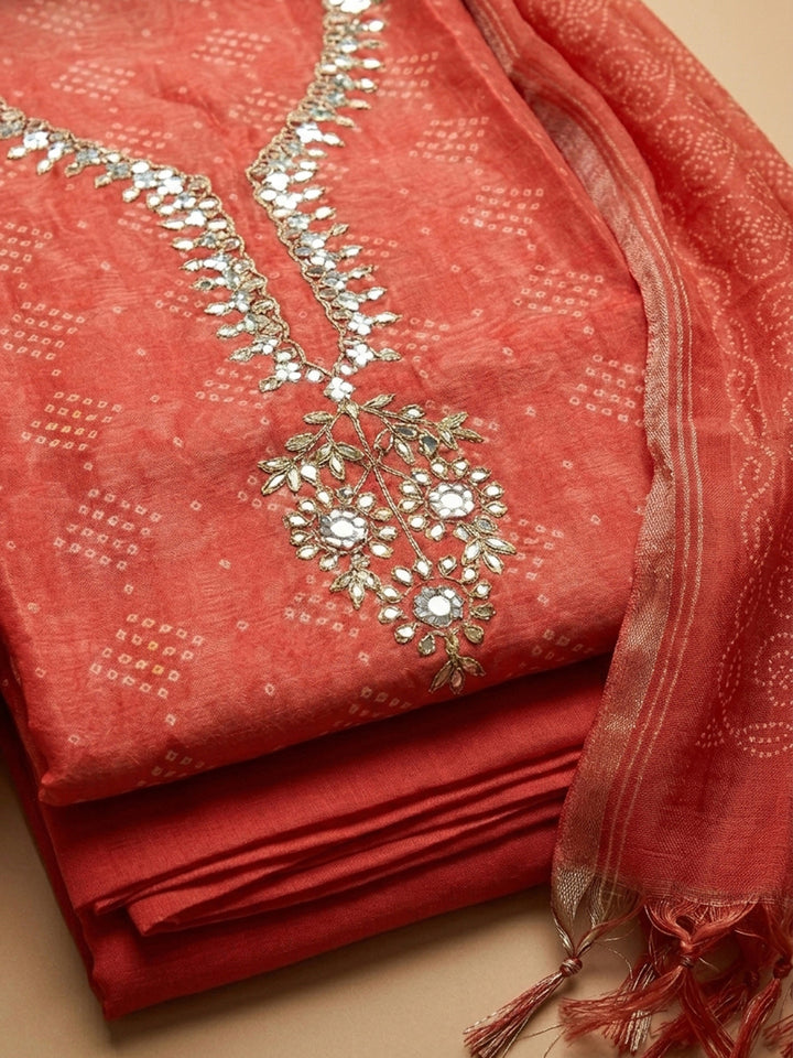 Red Embroidery Chanderi Unstitched Dress Material