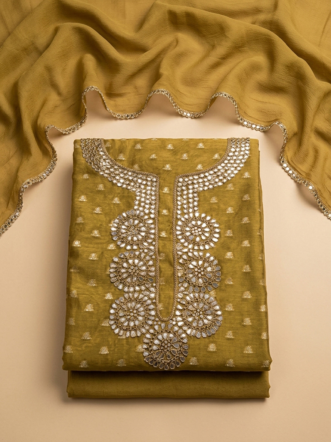 Mehndi Embroidery Chanderi Unstitched Dress Material