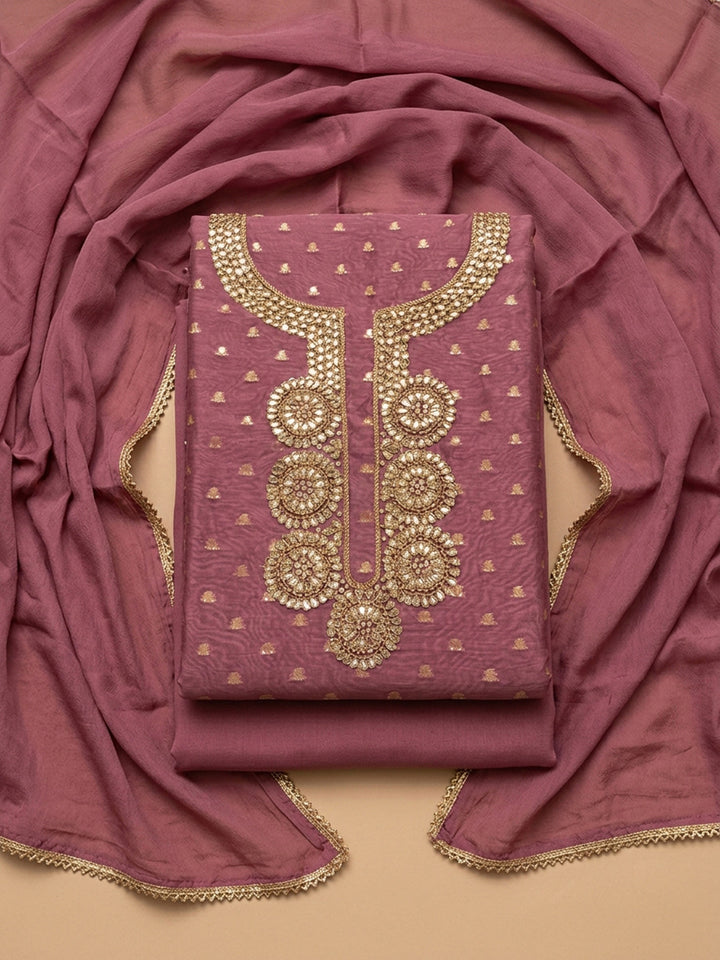 Onion Pink Embroidery Chanderi Unstitched Dress Material