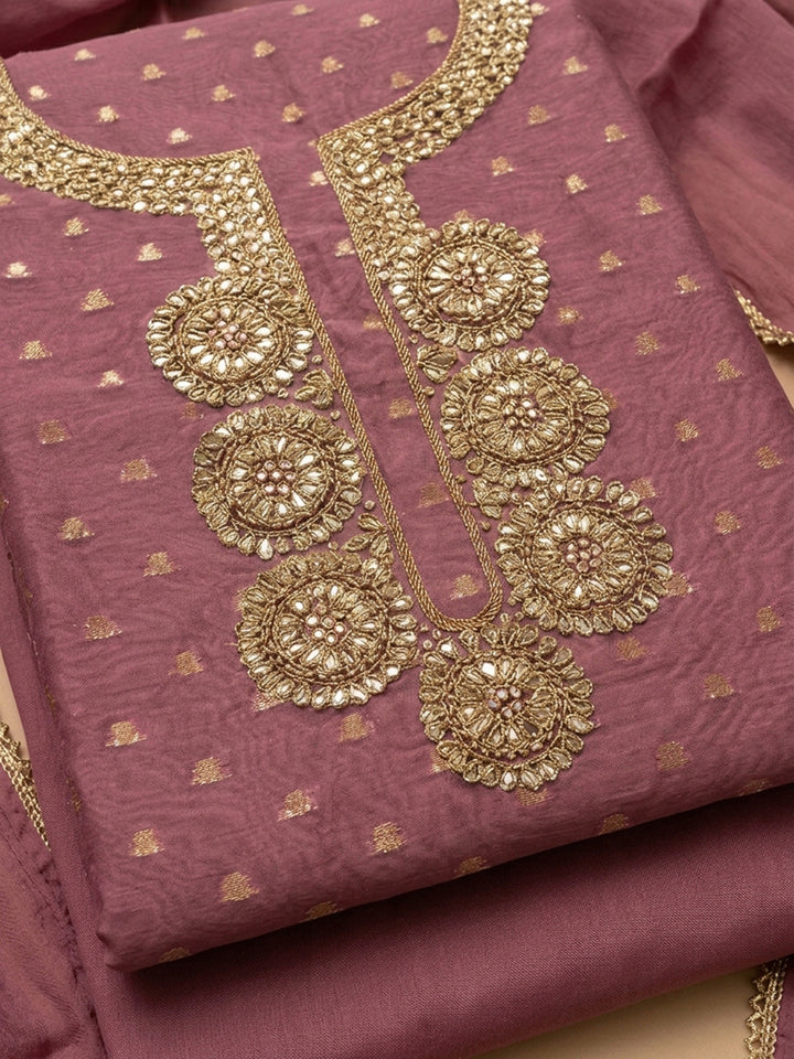 Onion Pink Embroidery Chanderi Unstitched Dress Material