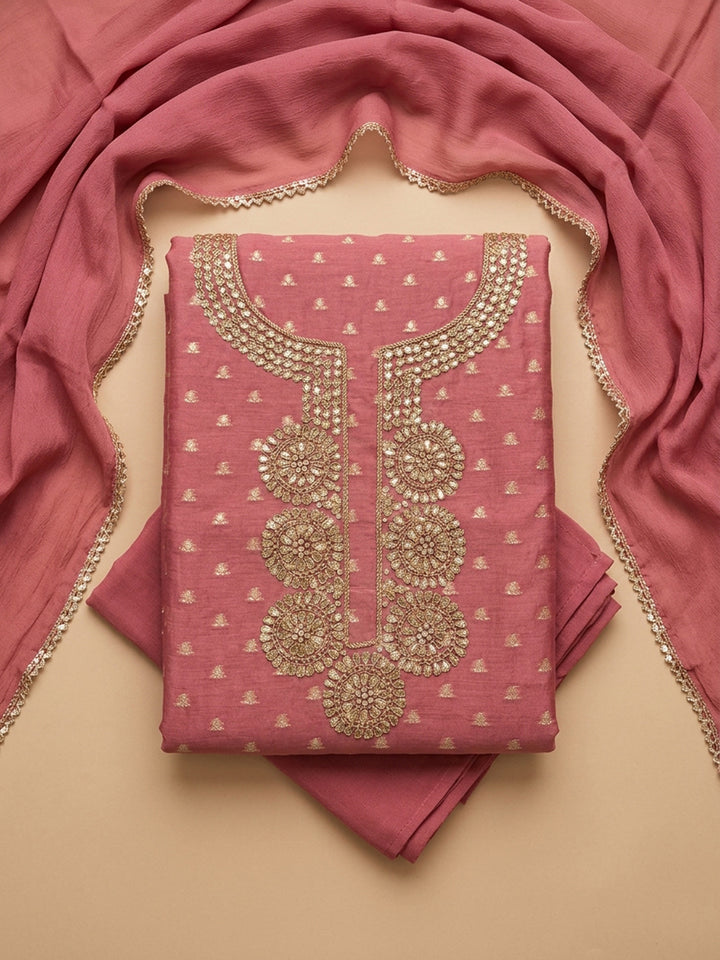 Pink Embroidery Chanderi Unstitched Dress Material