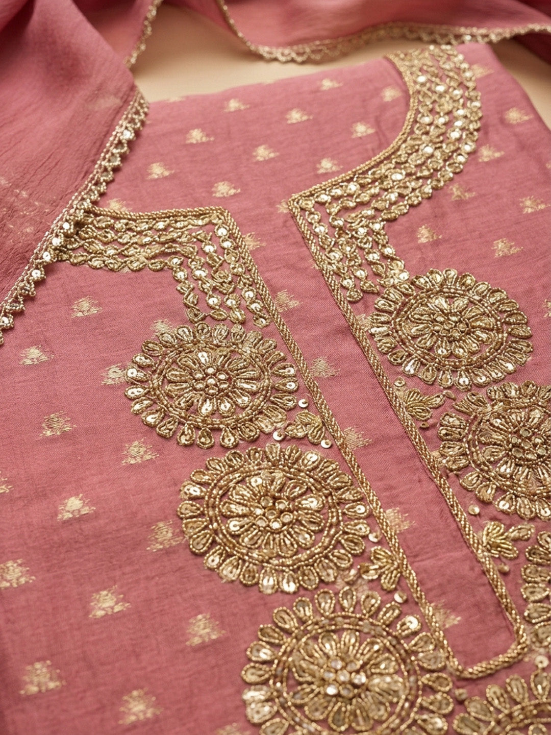 Pink Embroidery Chanderi Unstitched Dress Material