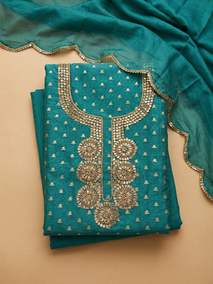 Rama Green Embroidery Chanderi Unstitched Dress Material