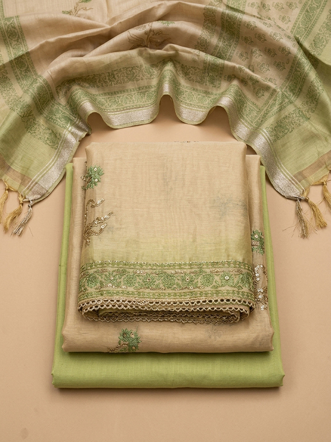 Beige-Green Chanderi Printed Unstitched Dress Material