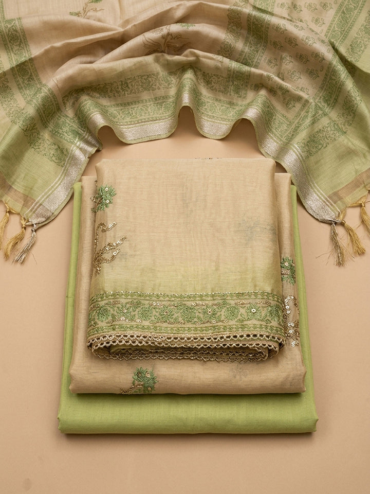 Beige-Green Chanderi Printed Unstitched Dress Material
