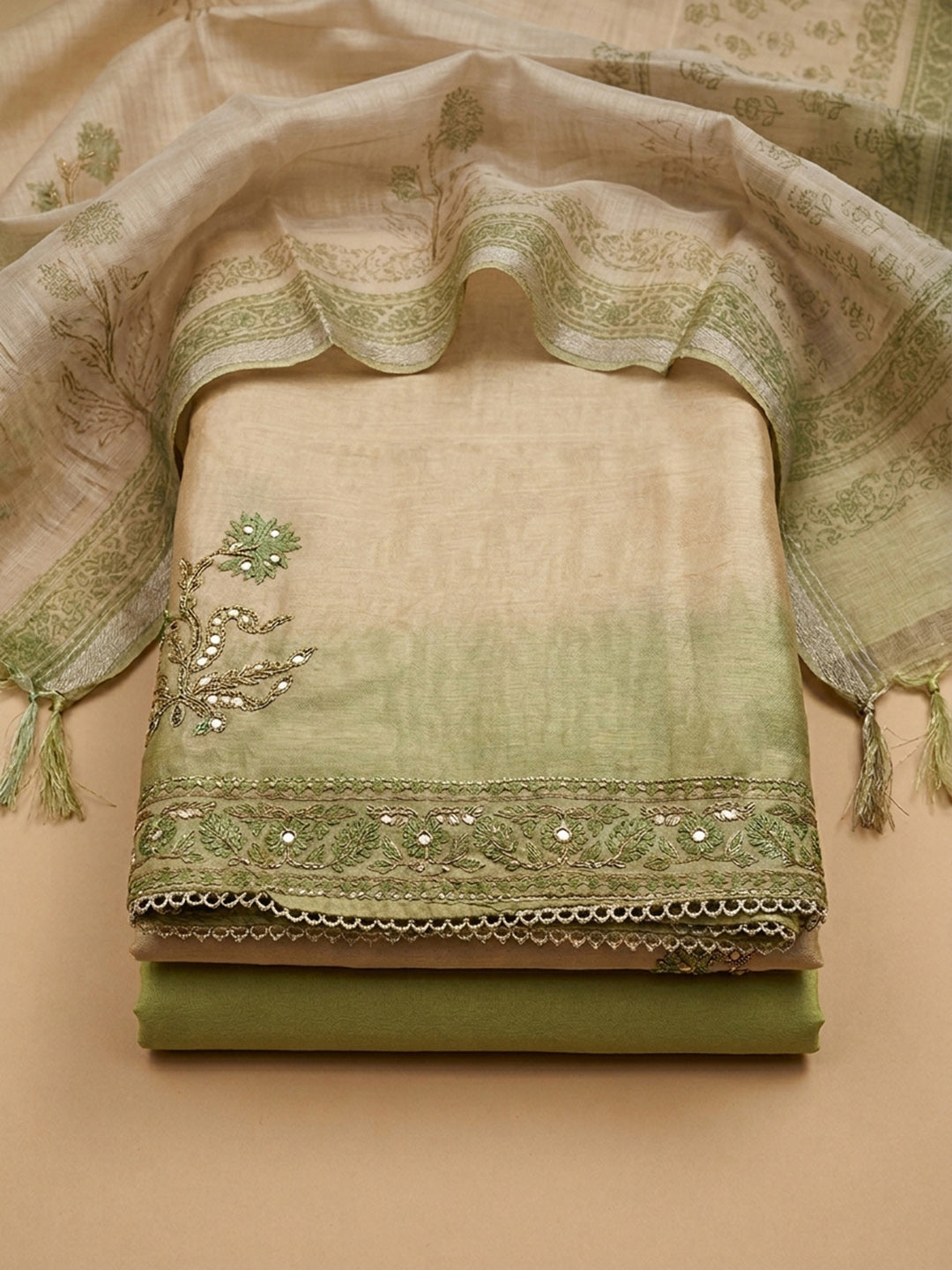 Beige-Green Chanderi Printed Unstitched Dress Material
