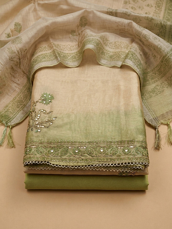Beige-Green Chanderi Printed Unstitched Dress Material