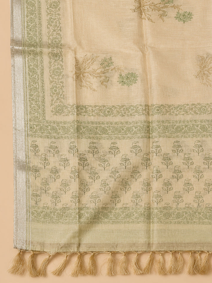 Beige-Green Chanderi Printed Unstitched Dress Material