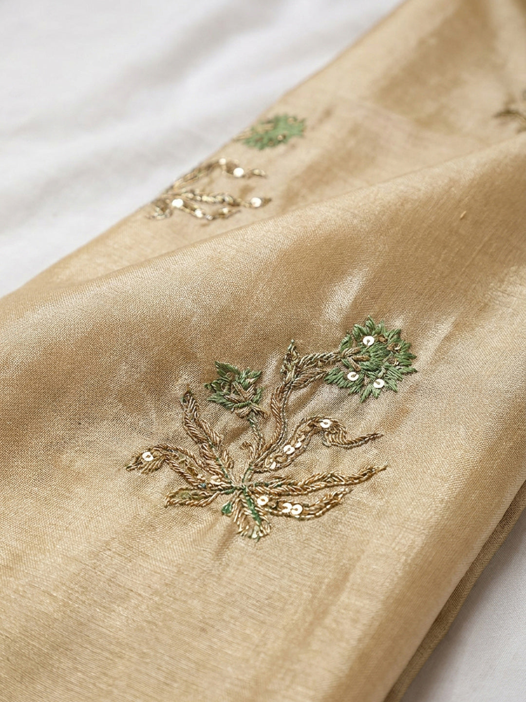 Beige-Green Chanderi Printed Unstitched Dress Material