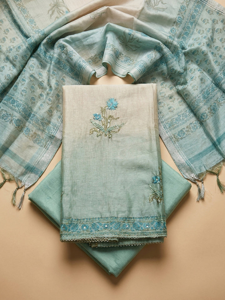 Beige-Sea Green Printed Chanderi Unstitched Dress Material