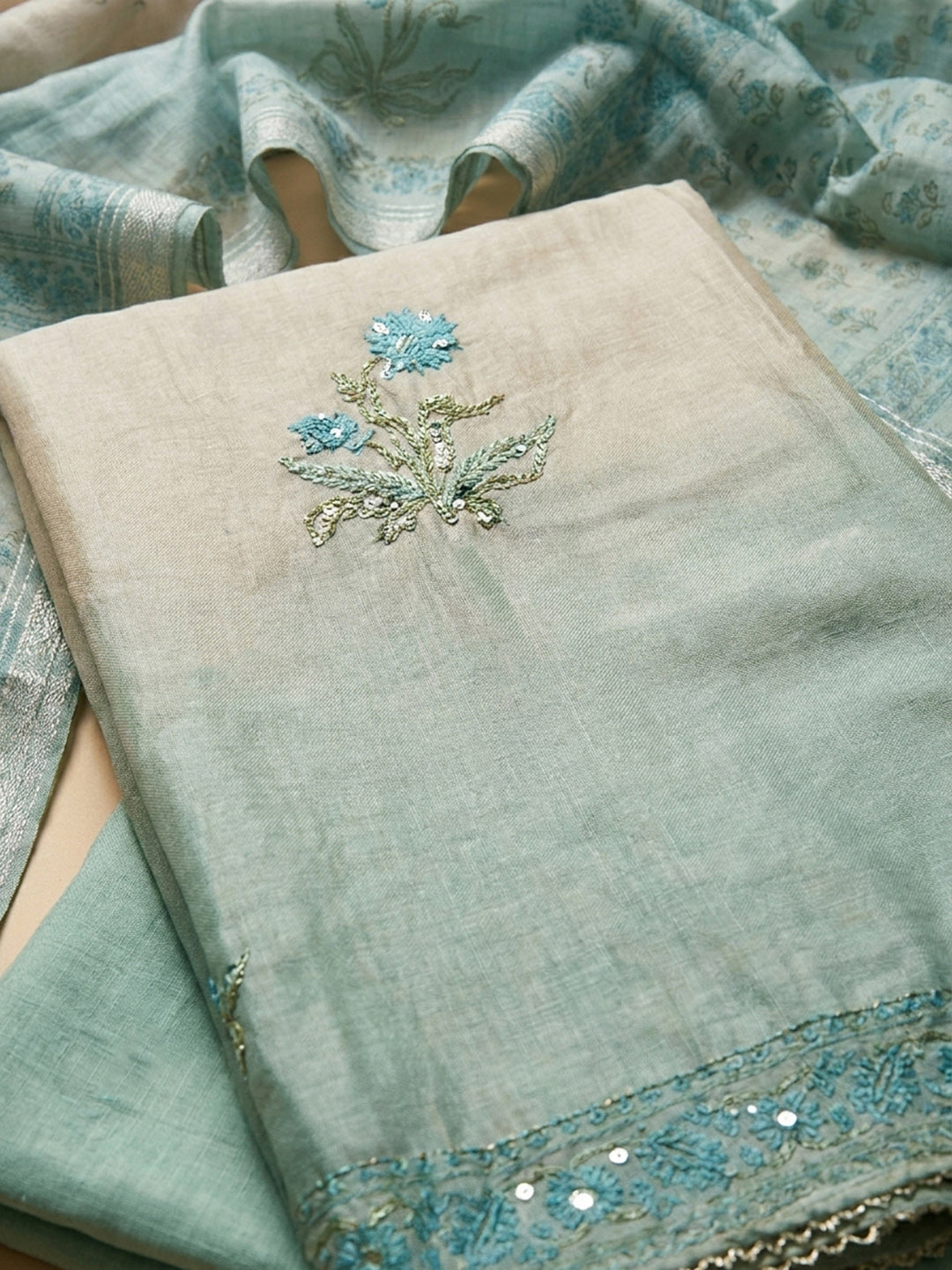 Beige-Sea Green Printed Chanderi Unstitched Dress Material