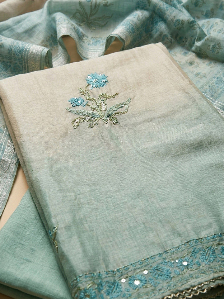 Beige-Sea Green Printed Chanderi Unstitched Dress Material