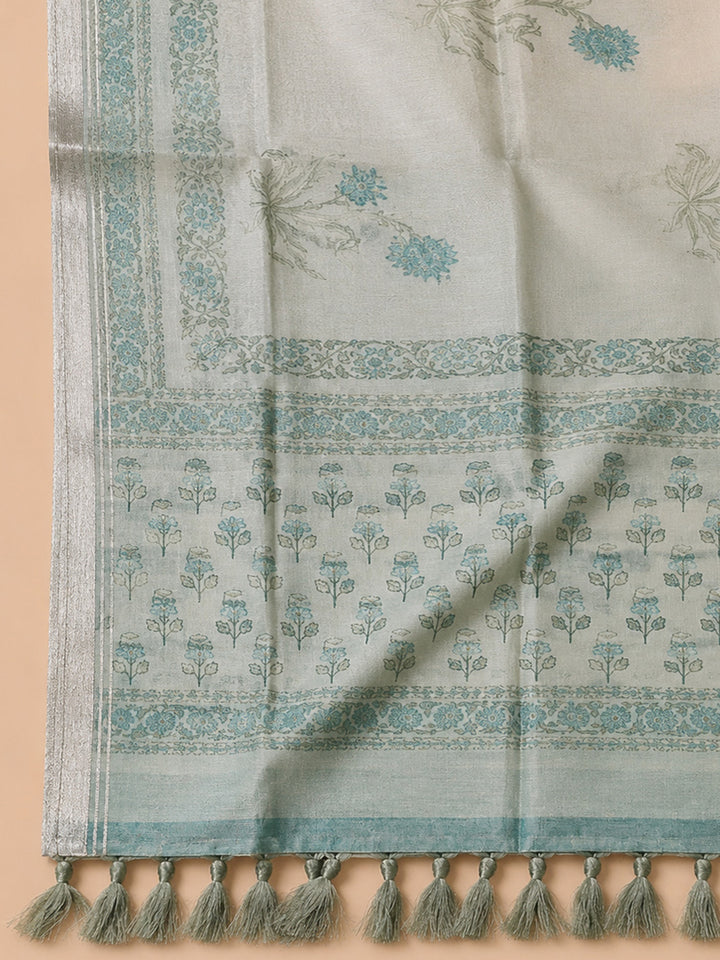 Beige-Sea Green Printed Chanderi Unstitched Dress Material