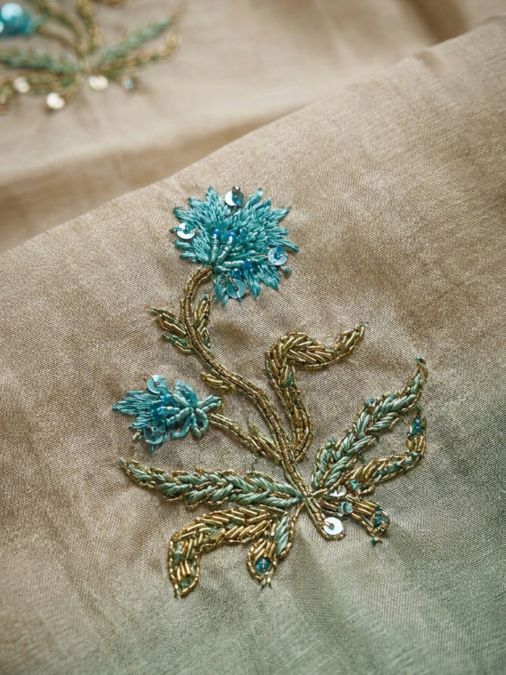 Beige-Sea Green Printed Chanderi Unstitched Dress Material