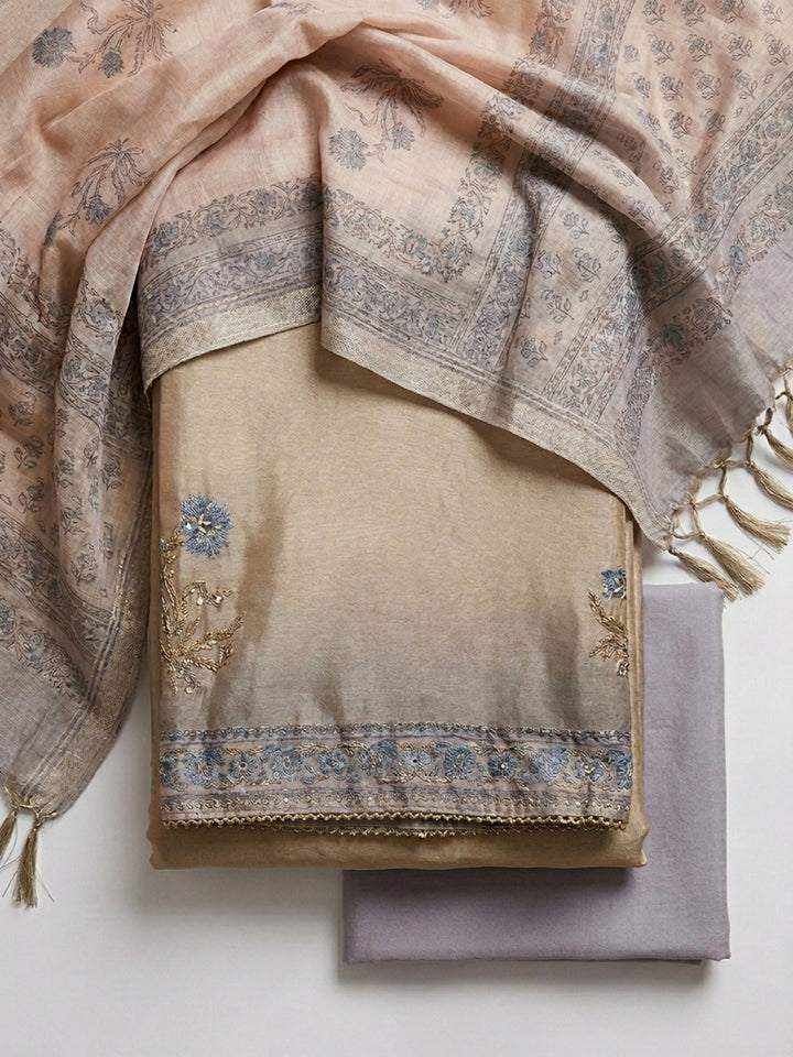 Beige-Sky Blue Printed Chanderi Unstitched Dress Material