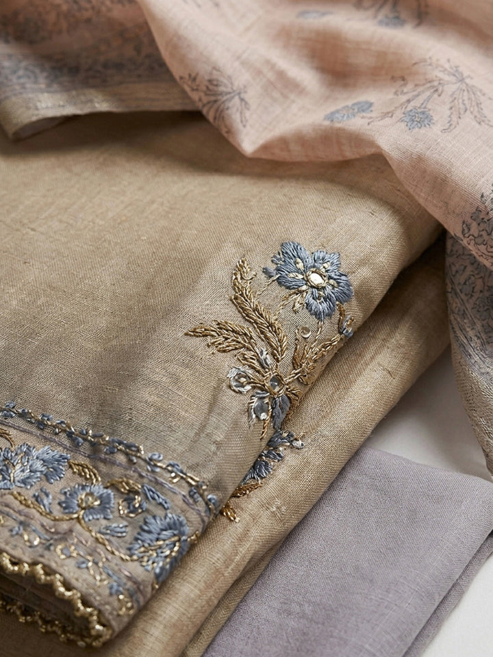 Beige-Sky Blue Printed Chanderi Unstitched Dress Material