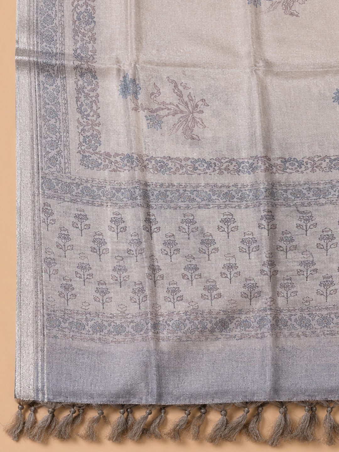 Beige-Sky Blue Printed Chanderi Unstitched Dress Material