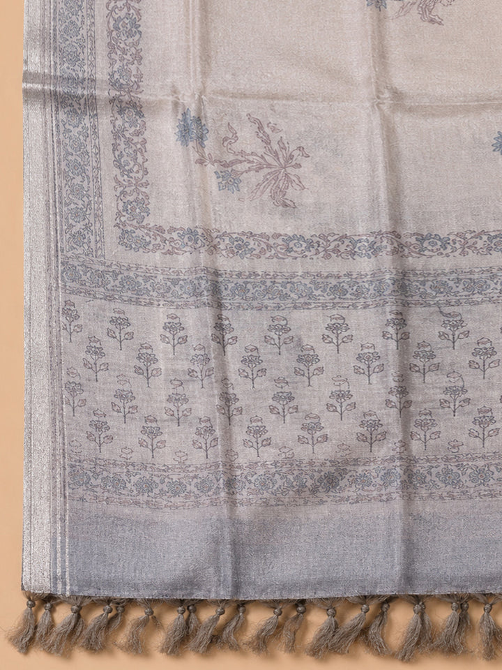 Beige-Sky Blue Printed Chanderi Unstitched Dress Material