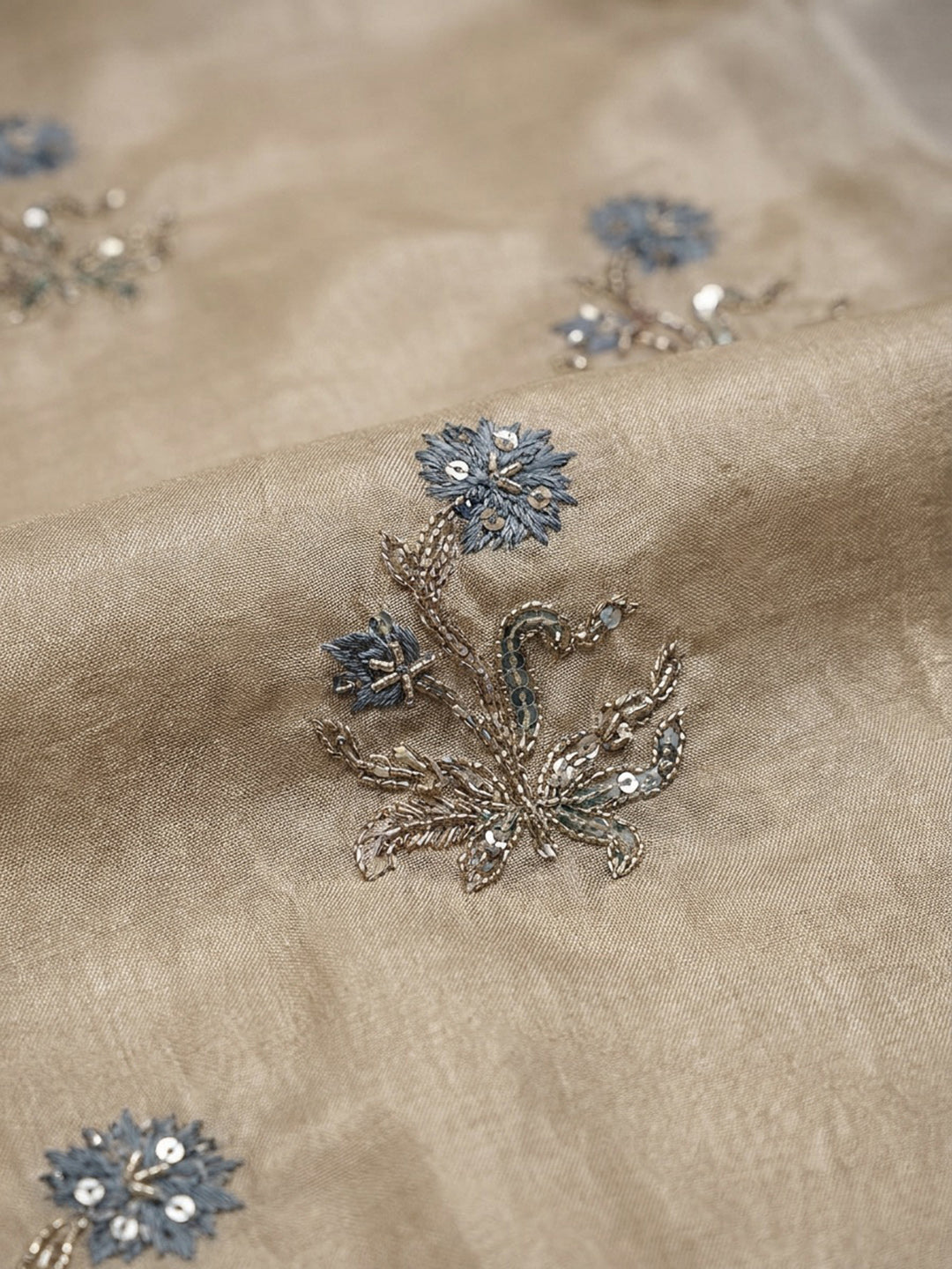 Beige-Sky Blue Printed Chanderi Unstitched Dress Material