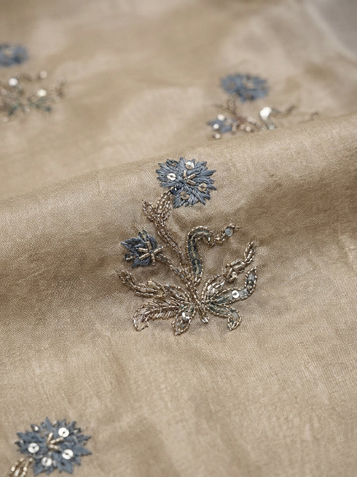 Beige-Sky Blue Printed Chanderi Unstitched Dress Material