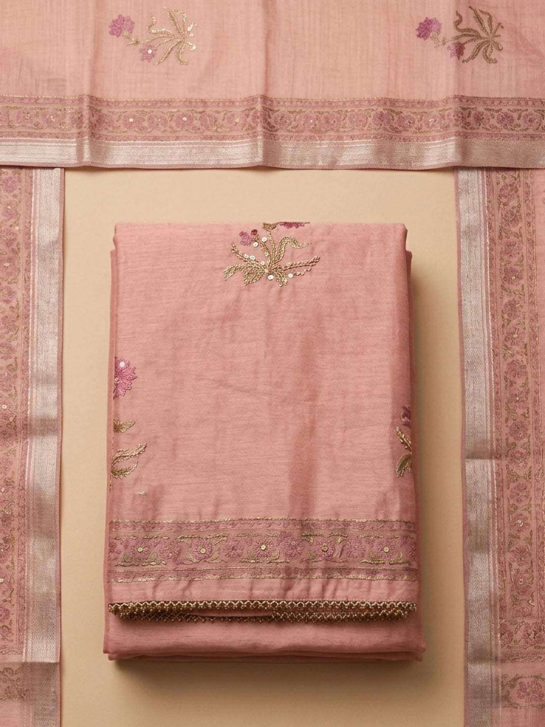 Peach Printed Chanderi Unstitched Dress Material