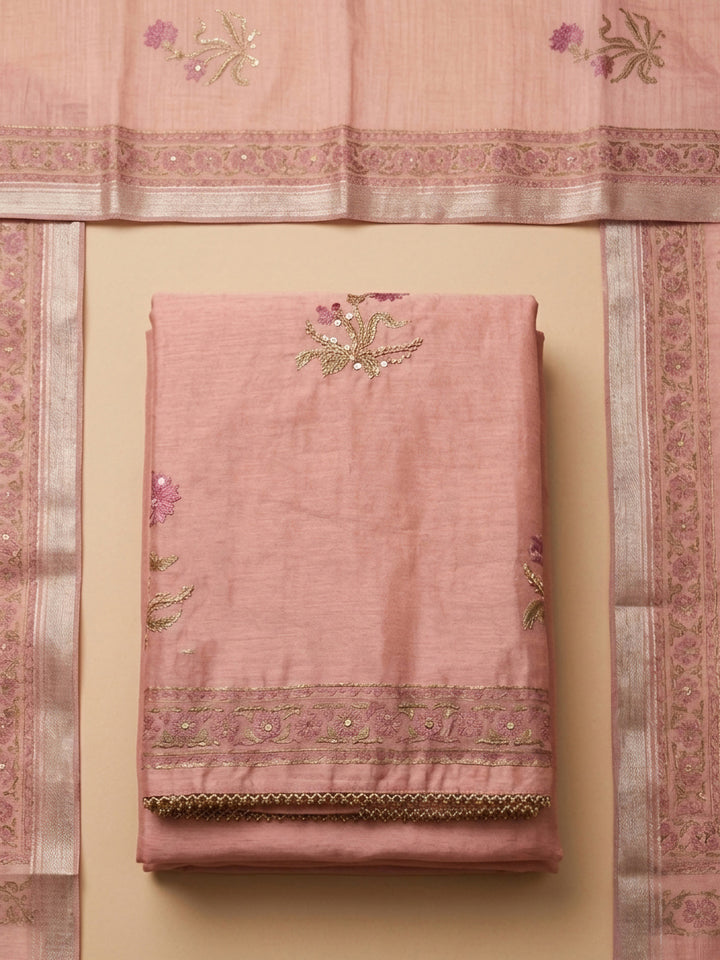 Peach Printed Chanderi Unstitched Dress Material
