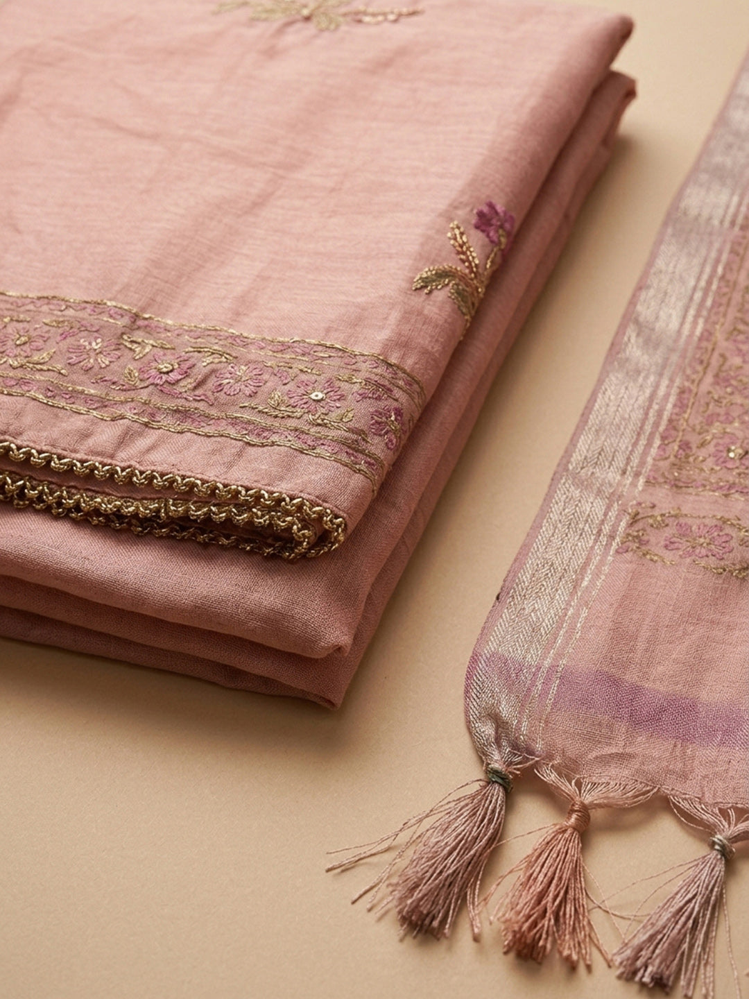 Peach Printed Chanderi Unstitched Dress Material