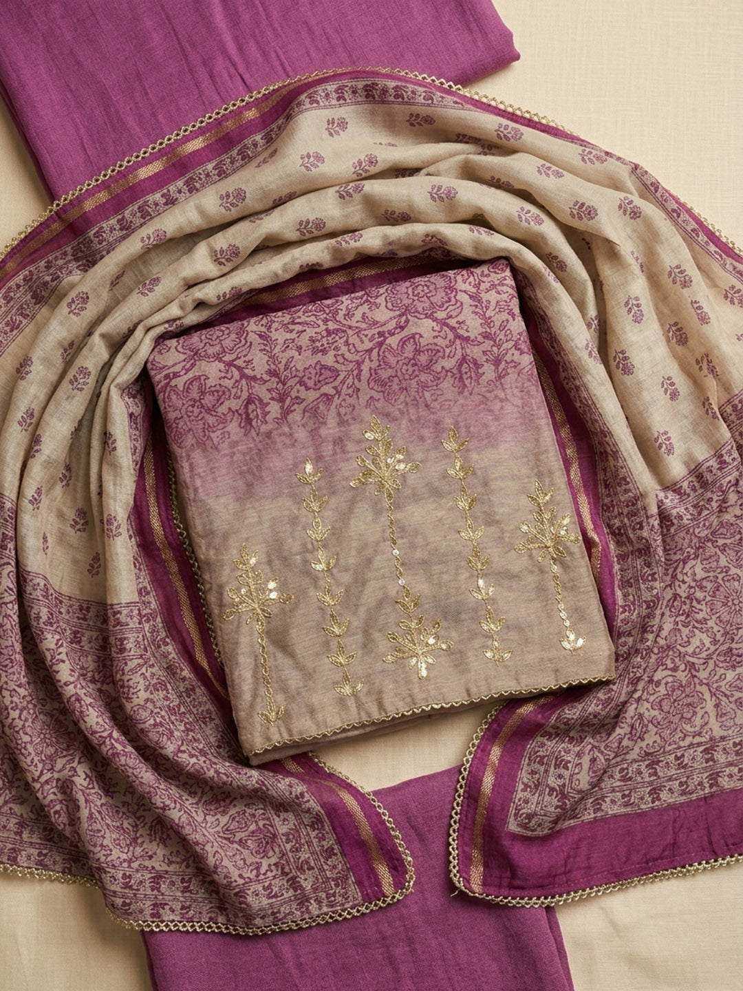 Purple Printed Chanderi Unstitched Dress Material