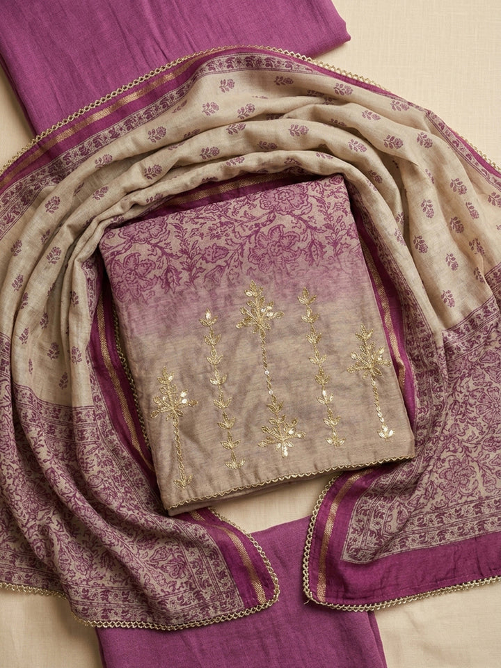 Purple Printed Chanderi Unstitched Dress Material