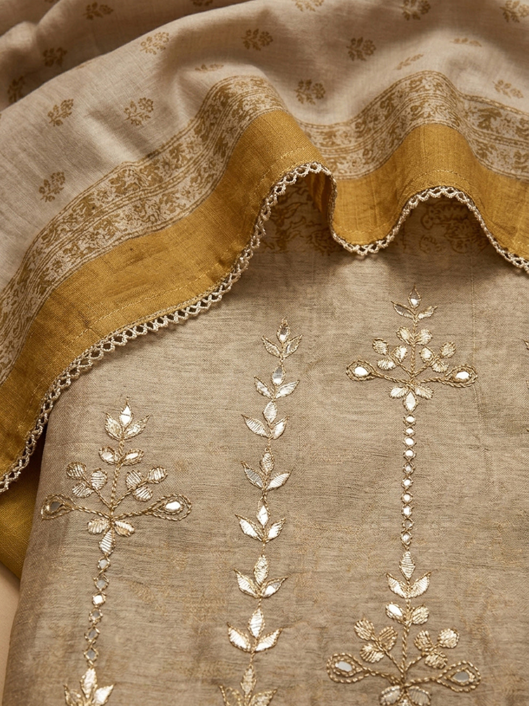 Rust Printed Chanderi Unstitched Dress Material