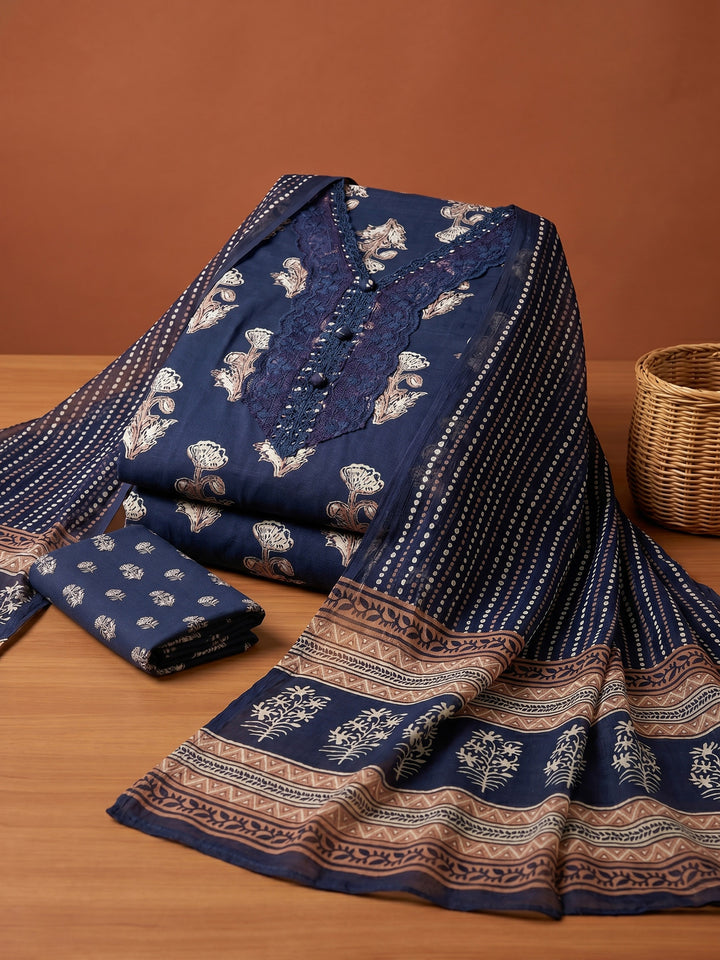 Blue Printed Cotton Blend Unstitched Suit &amp; Pant With Cotton Dupatta