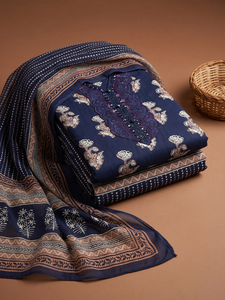 Blue Printed Cotton Blend Unstitched Suit &amp; Pant With Cotton Dupatta