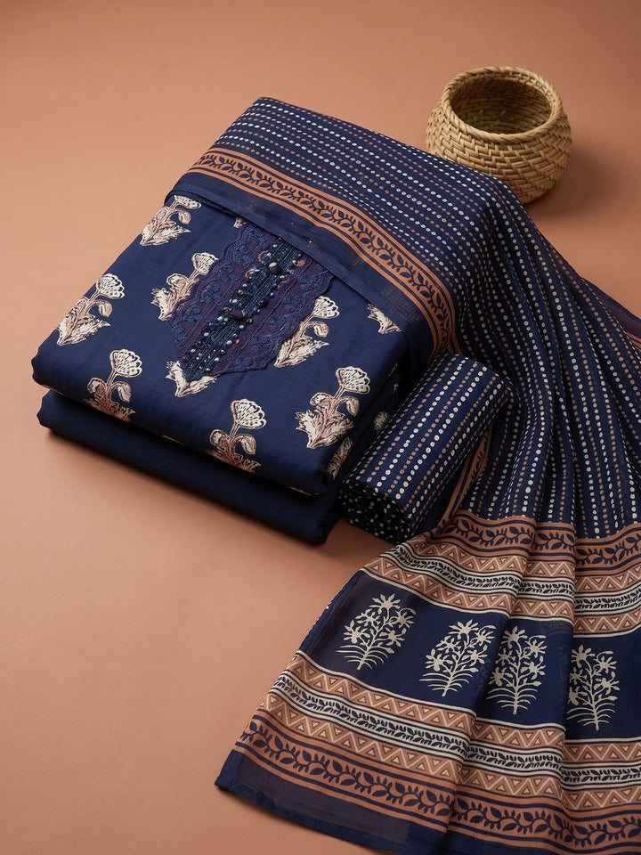 Blue Printed Cotton Blend Unstitched Suit &amp; Pant With Cotton Dupatta
