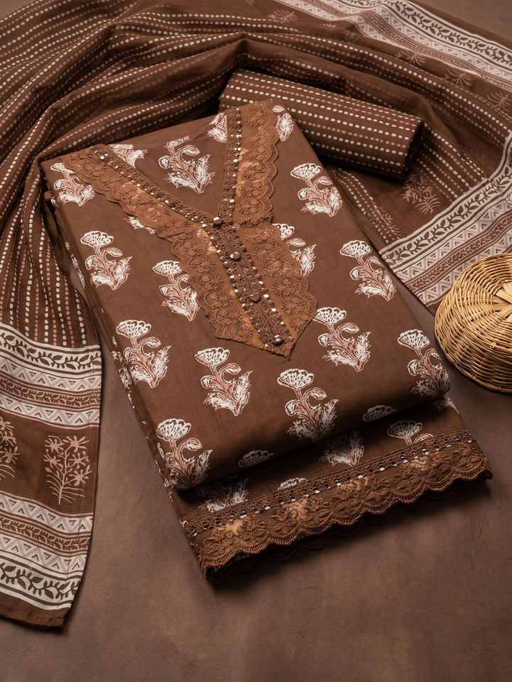 Brown Printed Cotton Blend Unstitched Suit &amp; Pant With Cotton Dupatta