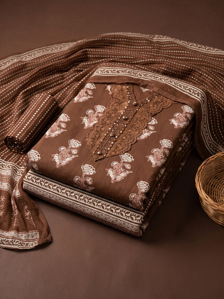 Brown Printed Cotton Blend Unstitched Suit &amp; Pant With Cotton Dupatta