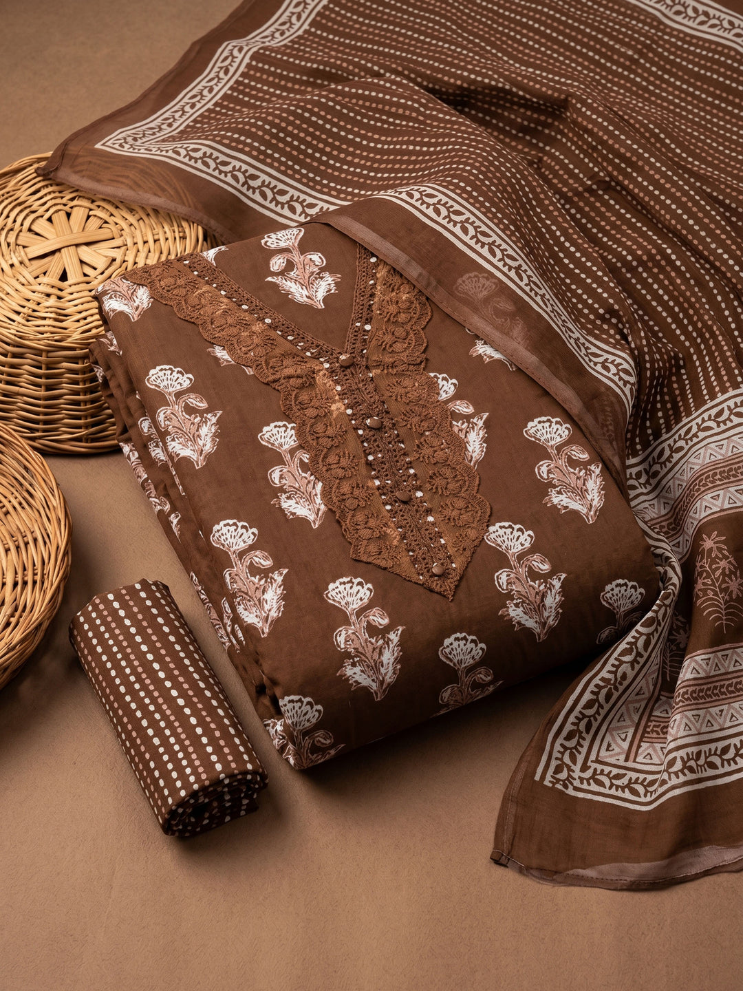 Brown Printed Cotton Blend Unstitched Suit &amp; Pant With Cotton Dupatta