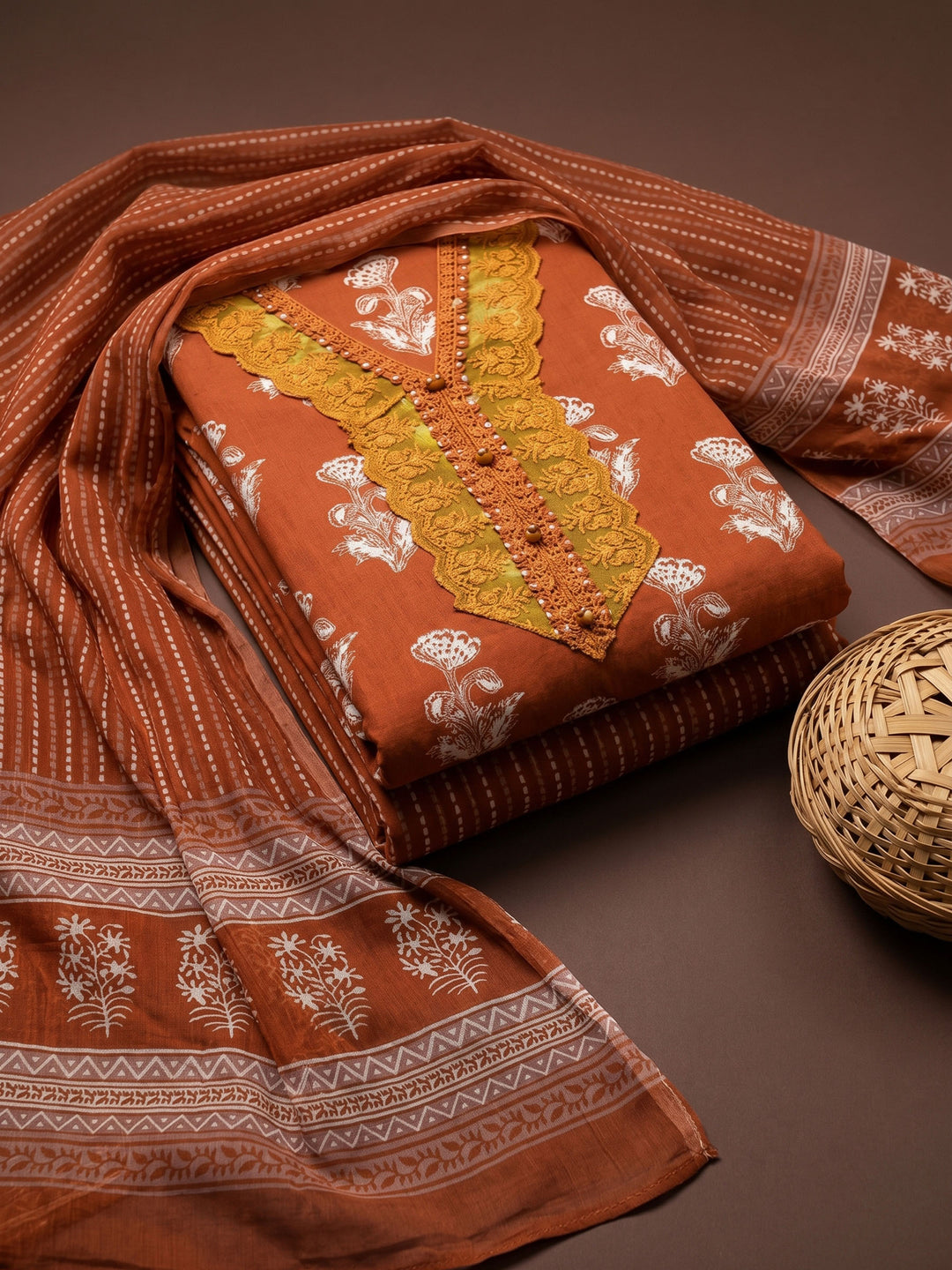 Rust Printed Cotton Blend Unstitched Suit &amp; Pant With Cotton Dupatta